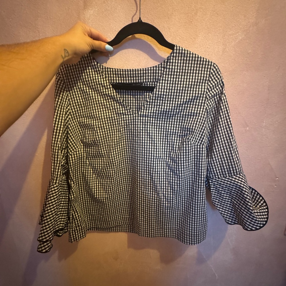 White House Black Market Black and White Gingham V-Neck Bell Sleeve Blouse